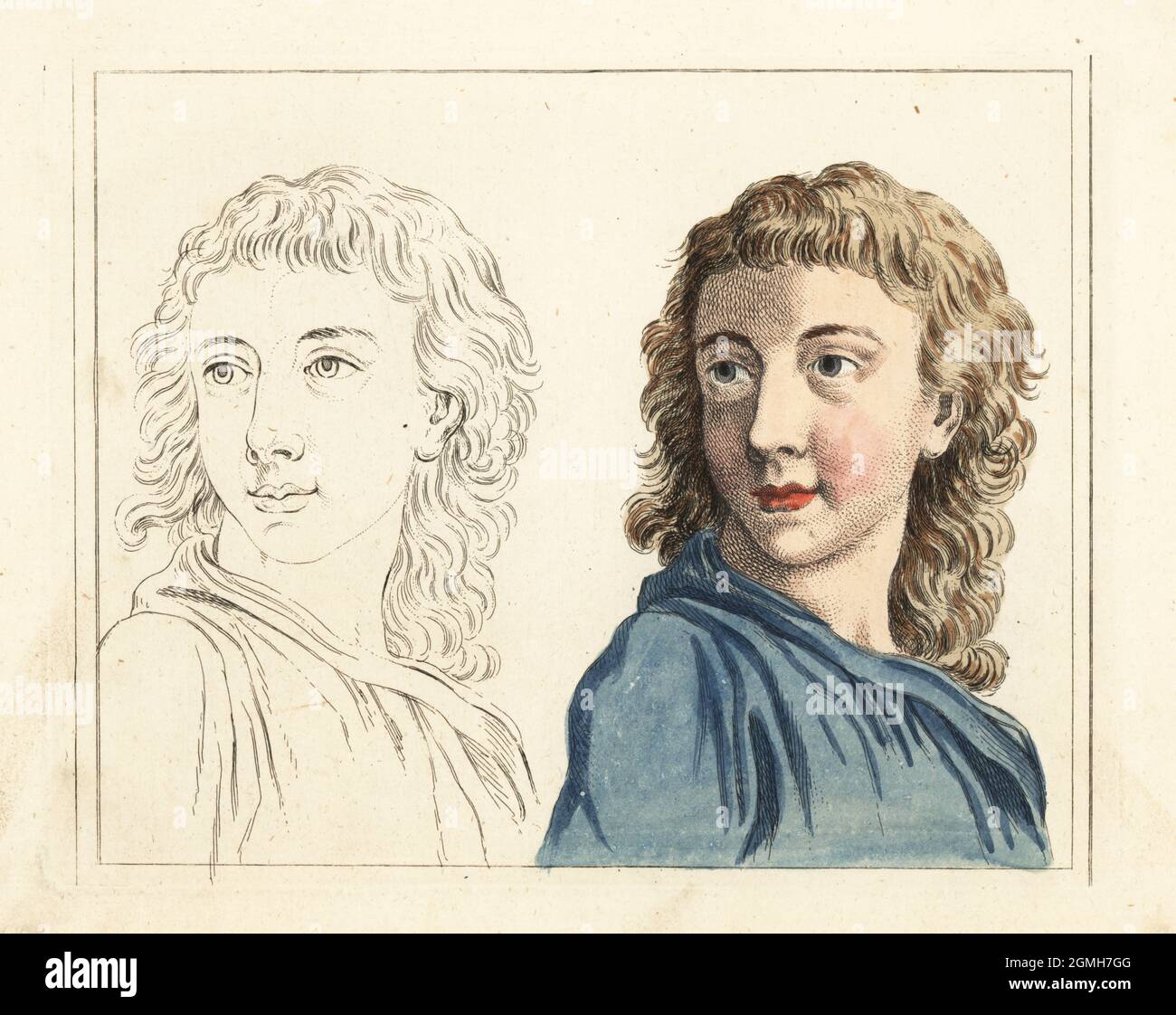 Figures from an 18th century colouring book. Professionally coloured example of a bust of a young man and plain version. Handcoloured copperplate engraving from Robert Sayer’s The Artist’s Vade Mecum, Being the Whole Art of Drawing, London, 1766. Stock Photo