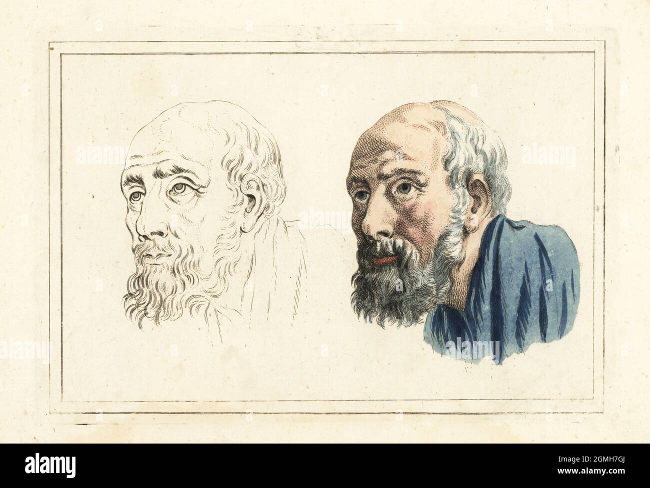 Figures from an 18th century colouring book. Professionally coloured examples of a bust of an old man and plain version. Handcoloured copperplate engraving from Robert Sayer’s The Artist’s Vade Mecum, Being the Whole Art of Drawing, London, 1766. Stock Photo