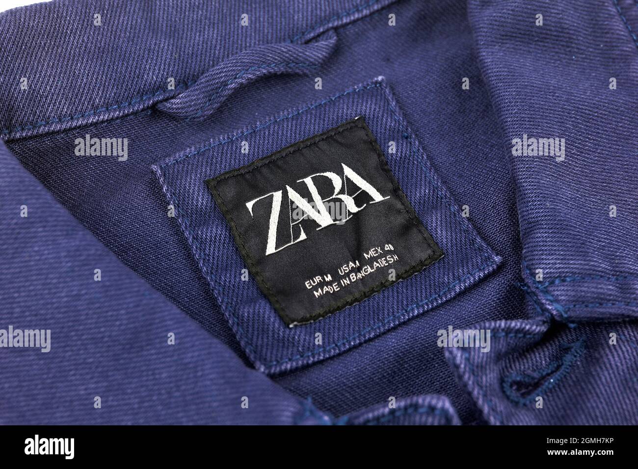 New Delhi, India, 20 December 2019:- Close up of Zara clothing brand tag on denim jacket Stock Photo