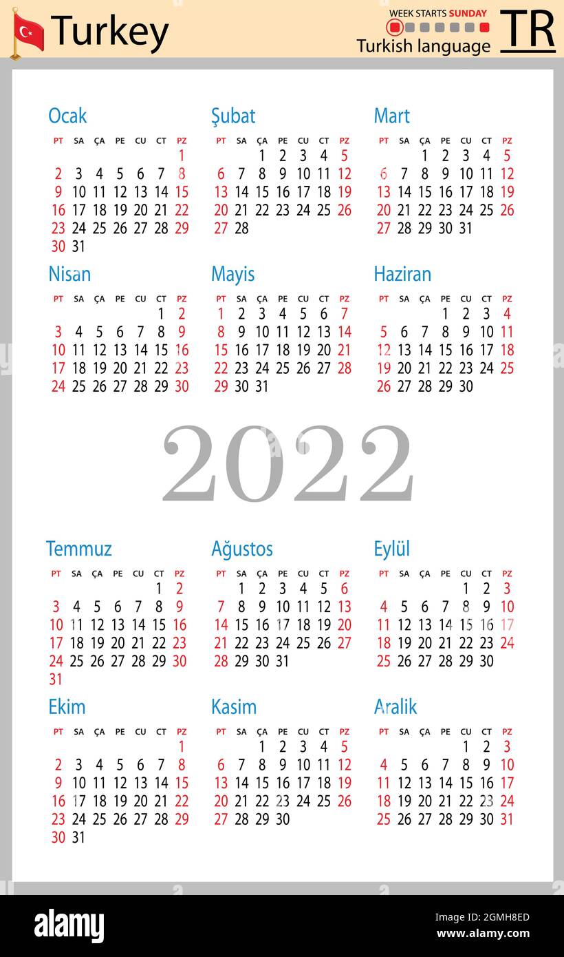 Cu Calendar 2022 Turkish Vertical Pocket Calendar For 2022 (Two Thousand Twenty Two). Week  Starts Sunday. New Year. Color Simple Design. Vector Stock Vector Image &  Art - Alamy