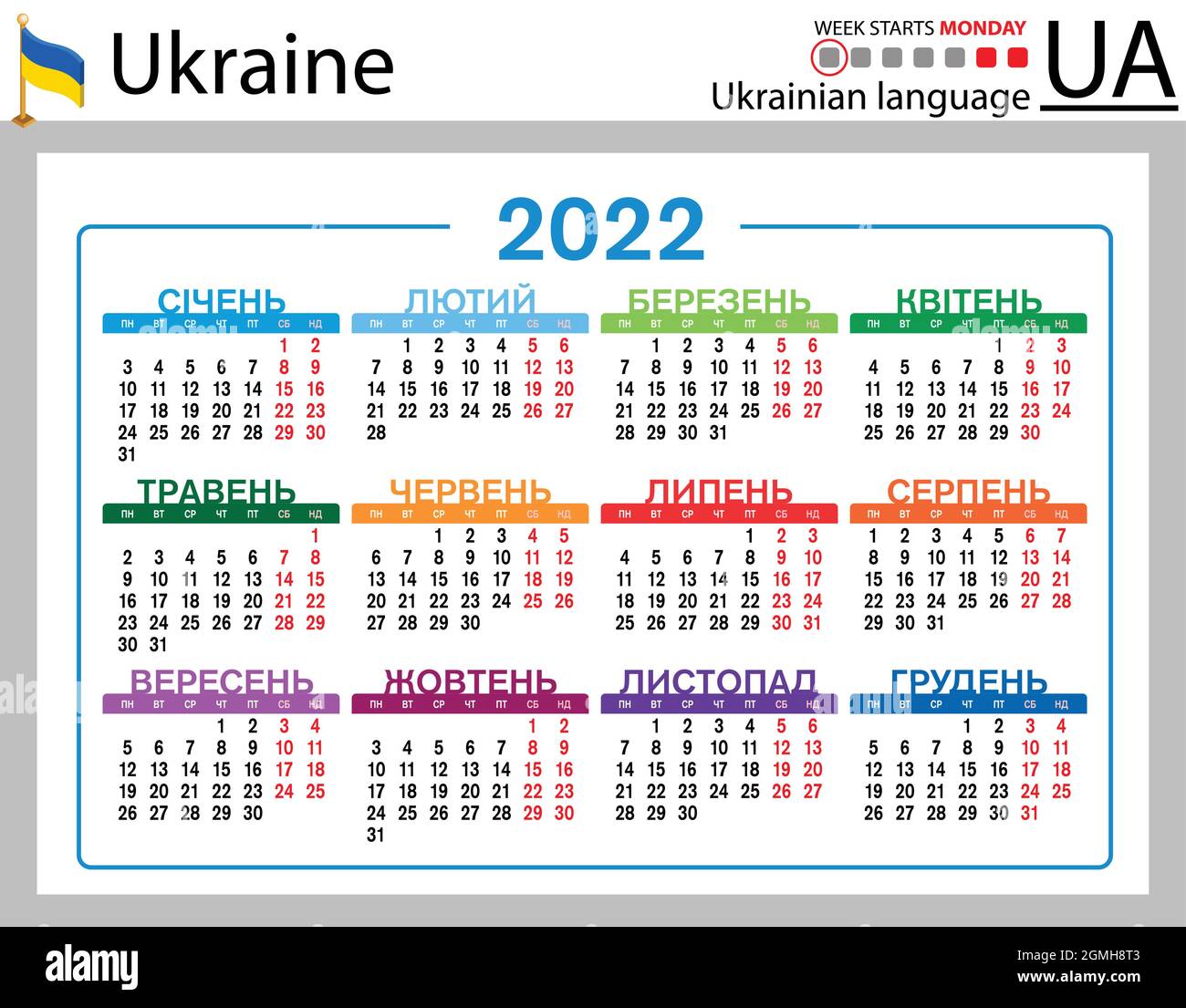 Ukrainian horizontal pocket calendar for 2022 (two thousand twenty two). Week starts Monday. New