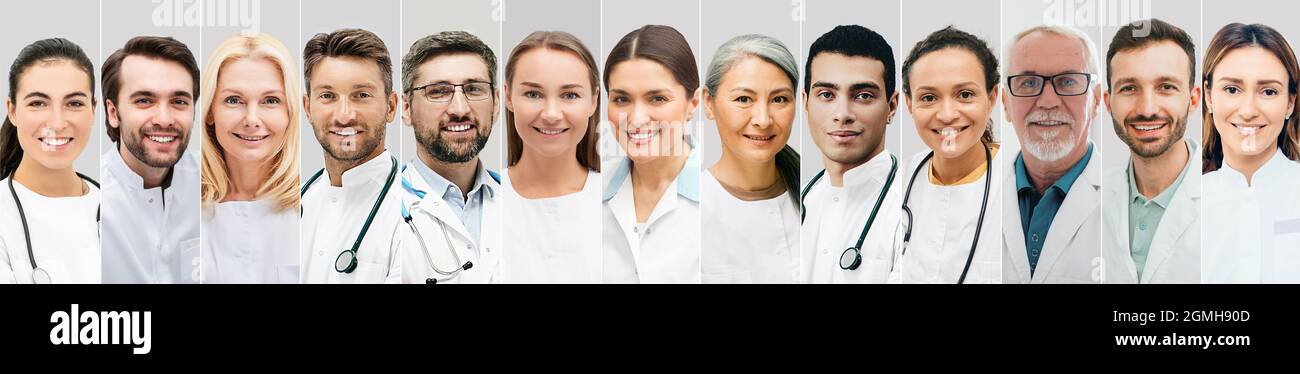 Portraits of doctors of different nationalities wearing white coats, collage. Set of multicultural medical staff with smiles Stock Photo