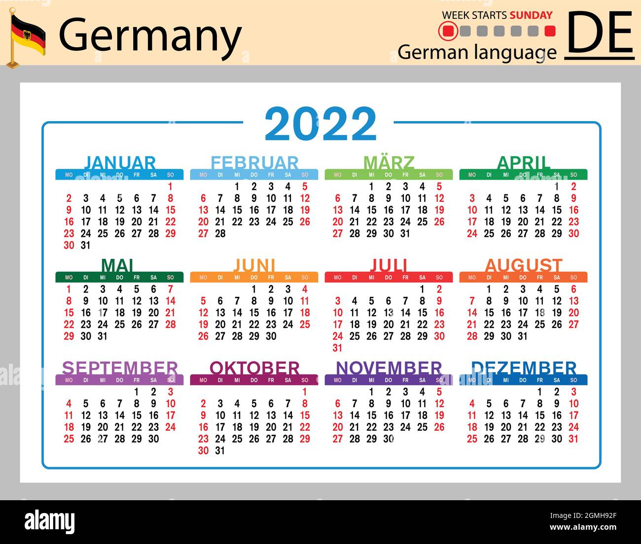 German horizontal pocket calendar for 2022 (two thousand twenty two