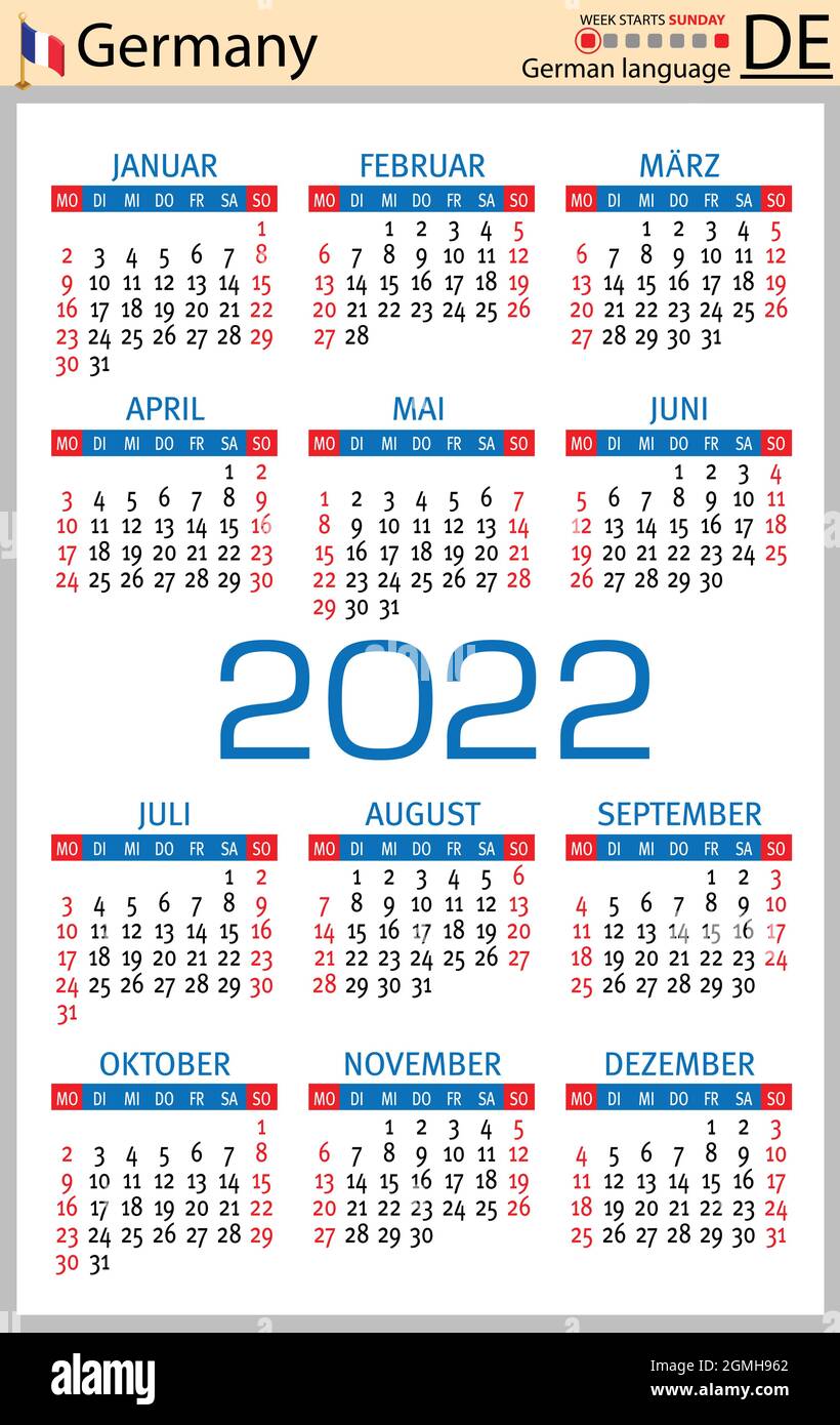 German vertical pocket calendar for 2022 (two thousand twenty two