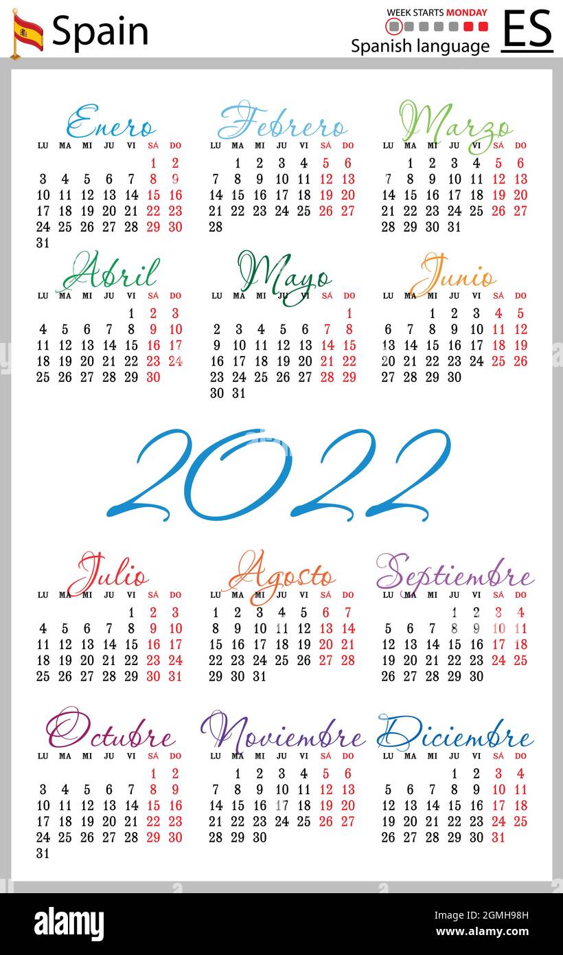 Spanish Vertical Pocket Calendar For 2022 (Two Thousand Twenty Two). Week Starts Monday. New Year. Color Simple Design. Vector Stock Vector Image & Art - Alamy