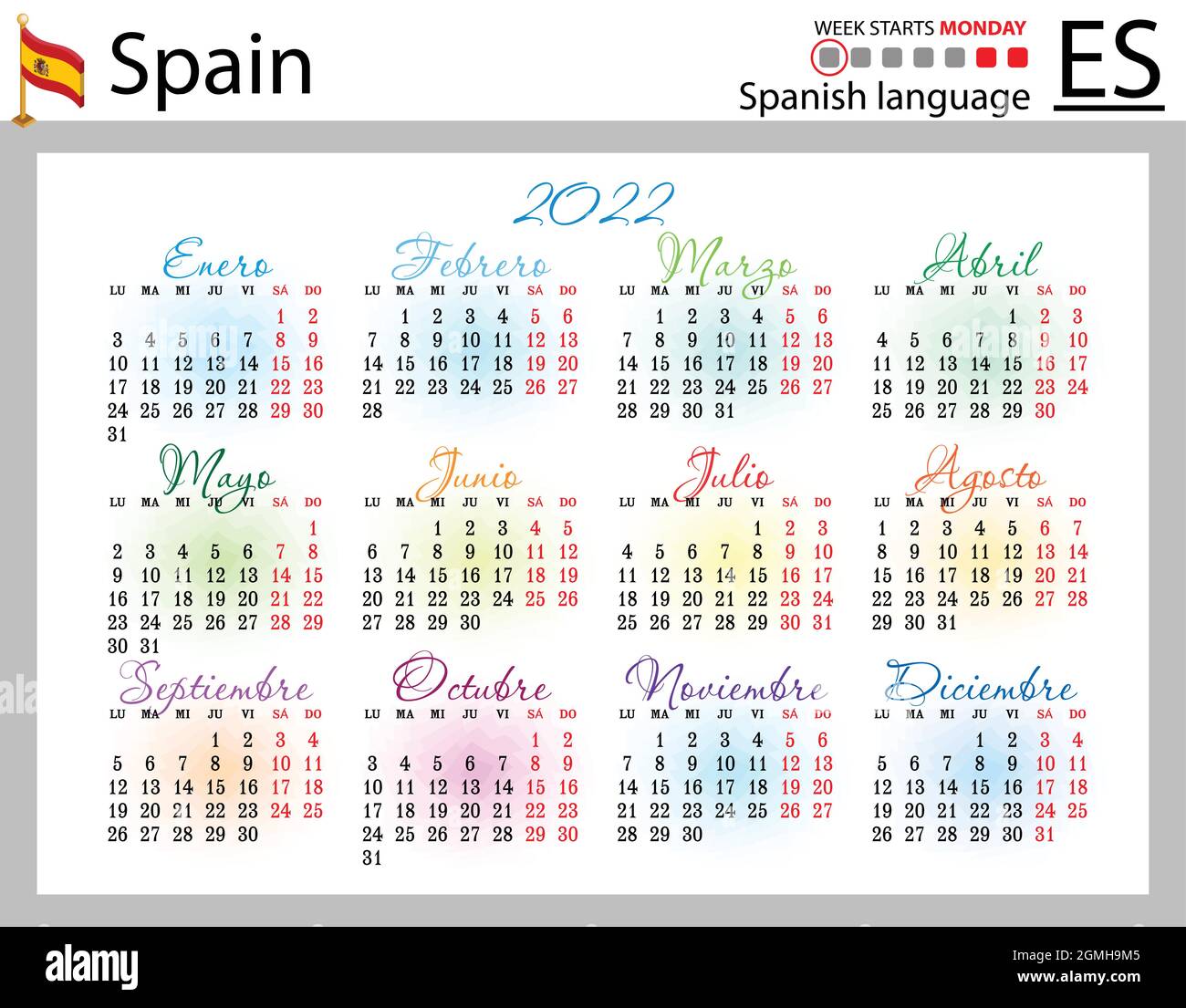 Spanish Horizontal Pocket Calendar For 2022 (Two Thousand Twenty Two). Week Starts Monday. New Year. Color Simple Design. Vector Stock Vector Image & Art - Alamy
