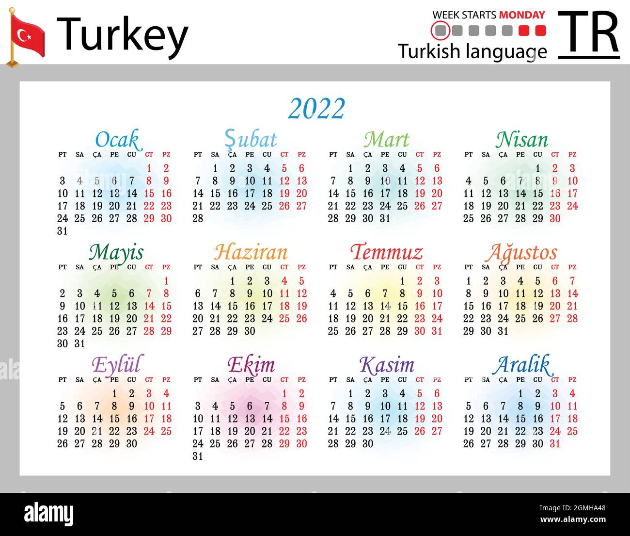 Cu Calendar 2022 Turkish Horizontal Pocket Calendar For 2022 (Two Thousand Twenty Two). Week  Starts Monday. New Year. Color Simple Design. Vector Stock Vector Image &  Art - Alamy