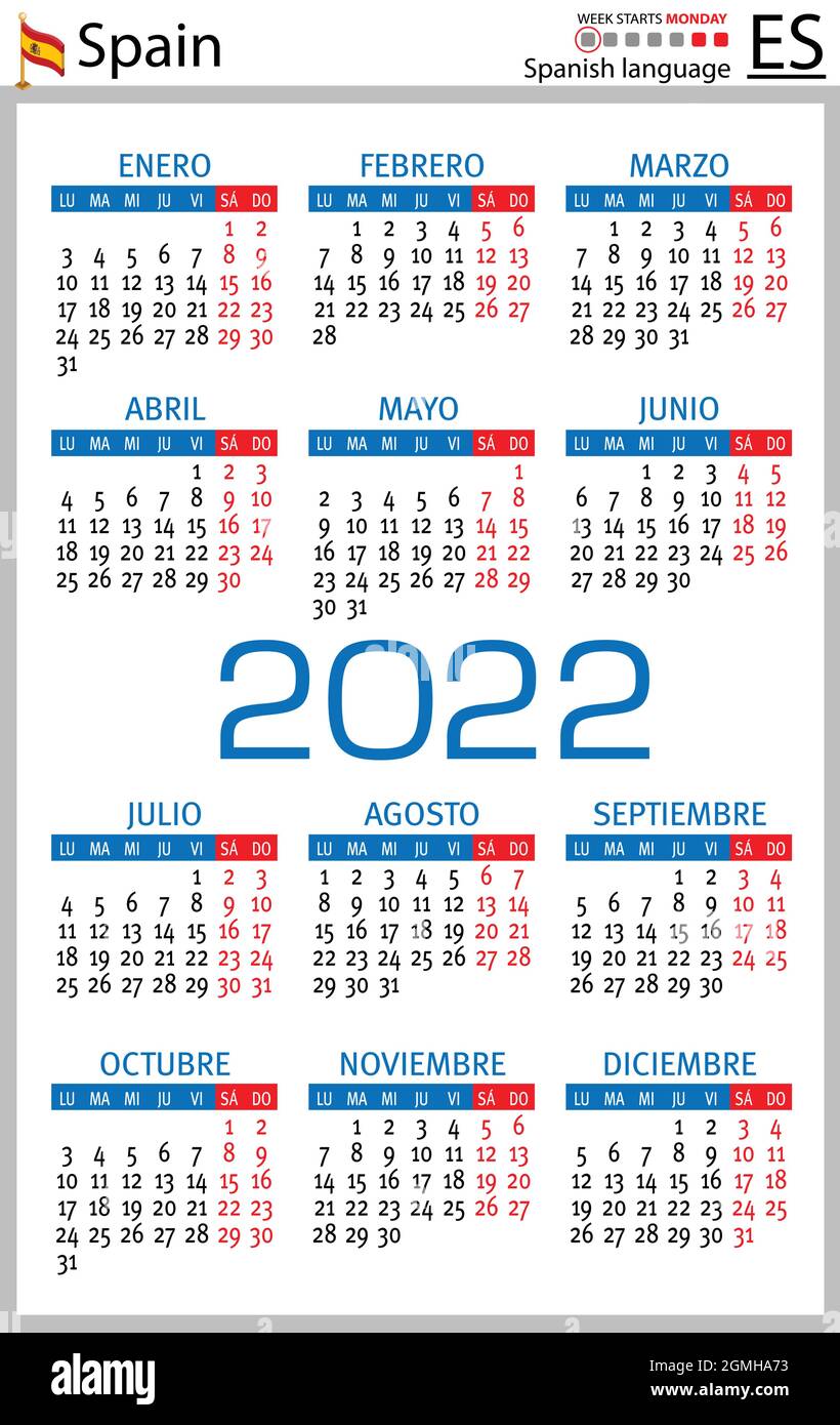 Spanish Vertical Pocket Calendar For 2022 (Two Thousand Twenty Two). Week Starts Monday. New Year. Color Simple Design. Vector Stock Vector Image & Art - Alamy