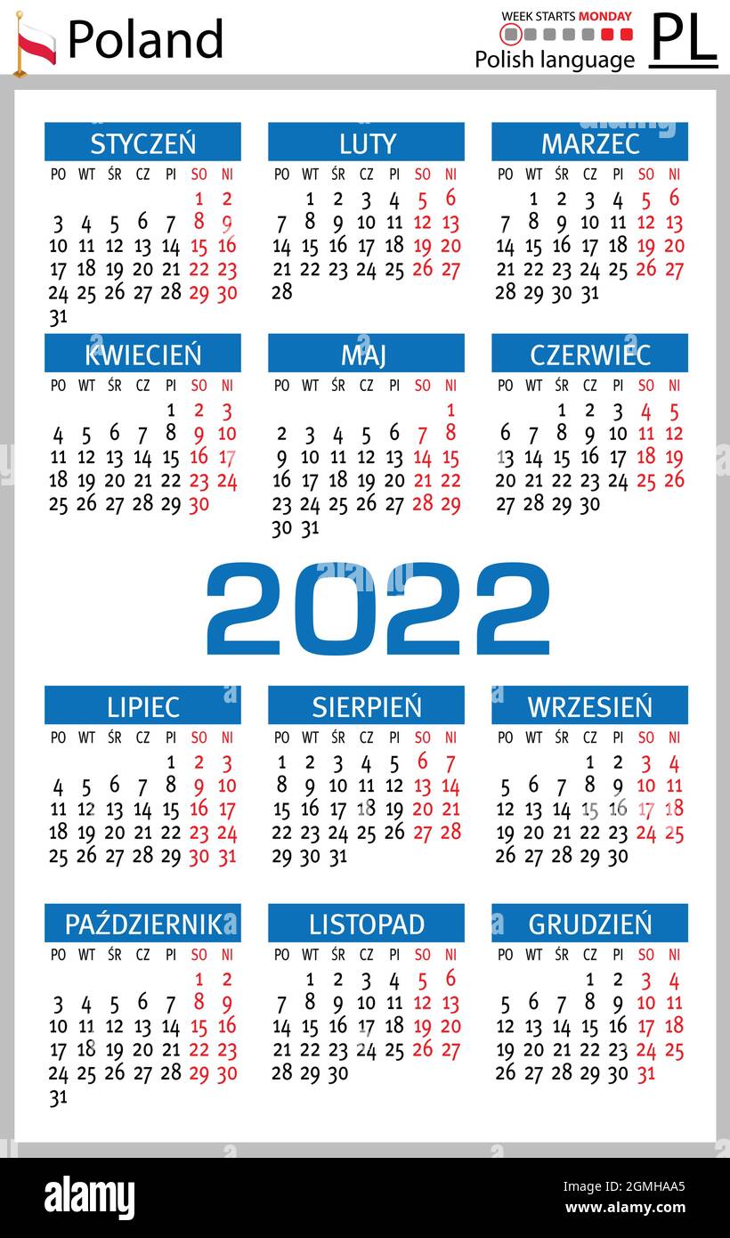 Polish vertical pocket calendar for 2022 (two thousand twenty two