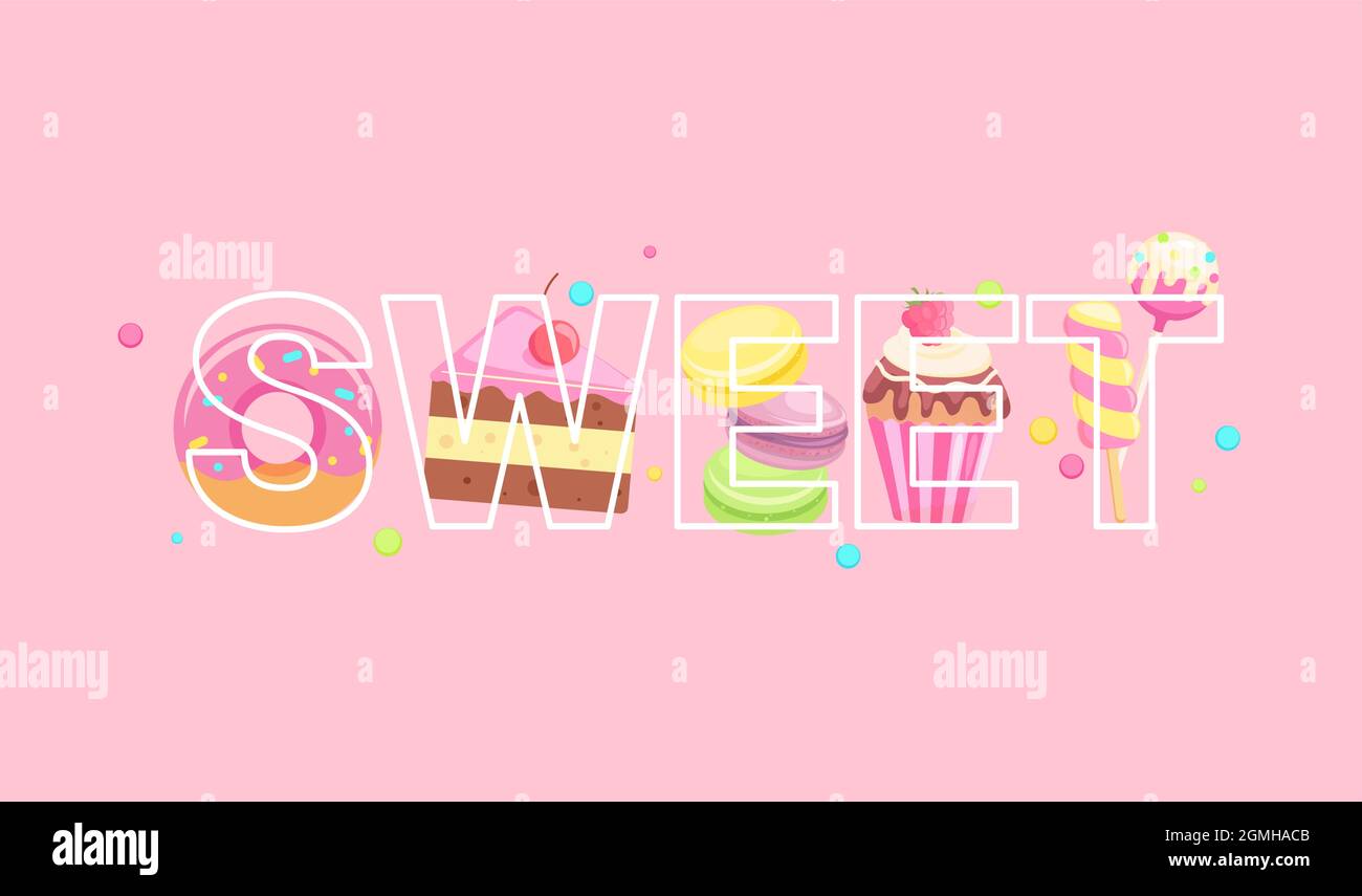 Word sweet full of sweets on background. Stock Vector