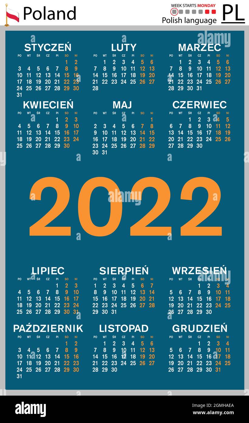 Polish vertical pocket calendar for 2022 (two thousand twenty two