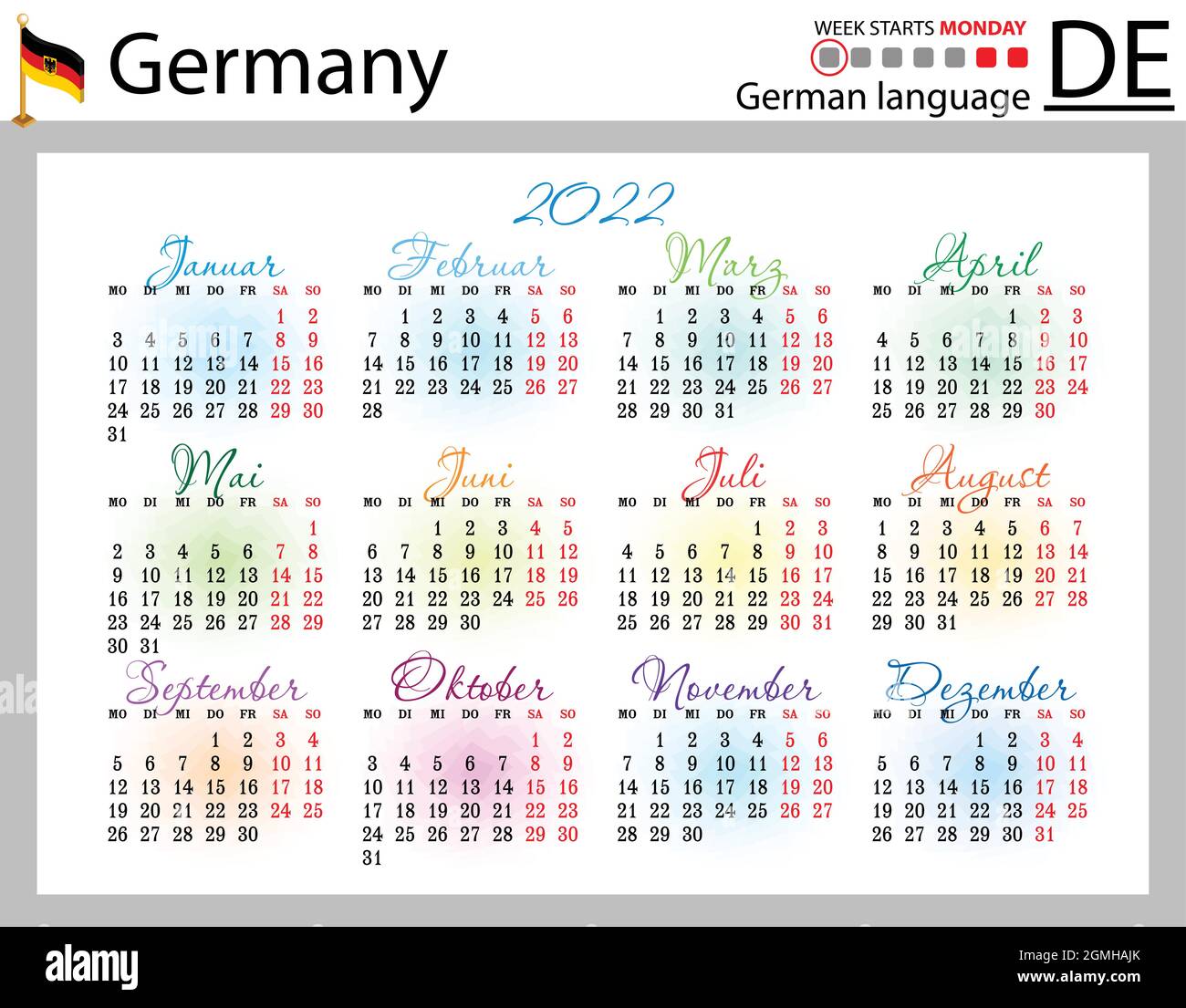 German Horizontal Pocket Calendar For 22 Two Thousand Twenty Two Week Starts Monday New Year Color Simple Design Vector Stock Vector Image Art Alamy