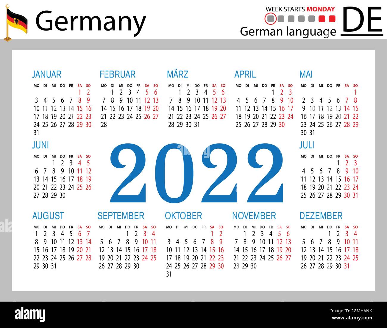 German Horizontal Pocket Calendar For 2022 (Two Thousand Twenty Two). Week Starts Monday. New Year. Color Simple Design. Vector Stock Vector Image & Art - Alamy