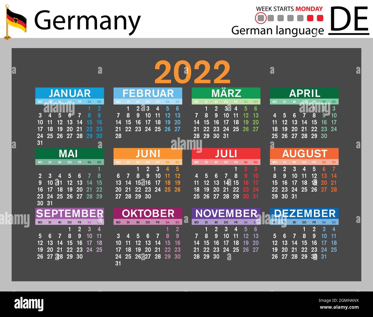 German Horizontal Pocket Calendar For 2022 (Two Thousand Twenty Two). Week Starts Monday. New Year. Color Simple Design. Vector Stock Vector Image & Art - Alamy