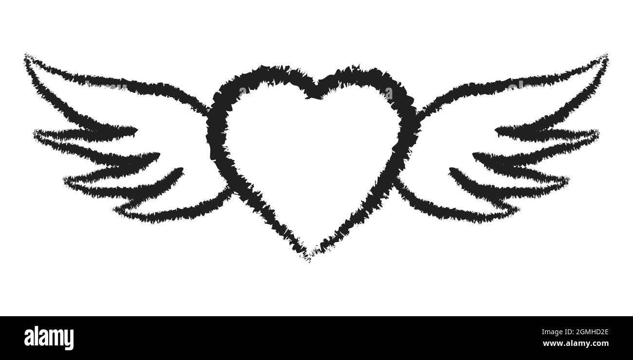 Flying angel heart with wings symbol love hand drawn ink inscriptions Stock Vector