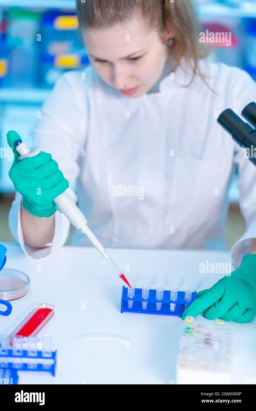 Young female laboratory assistant in laboratory analyzing environmental pollution Stock Photo