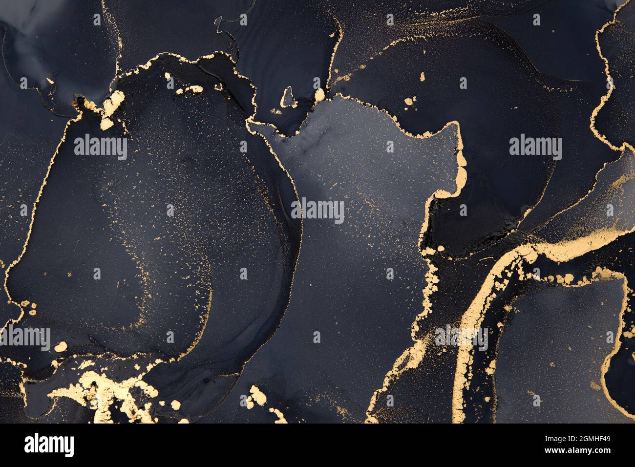 Luxury abstract fluid art painting background alcohol ink technique black and gold. Stock Photo