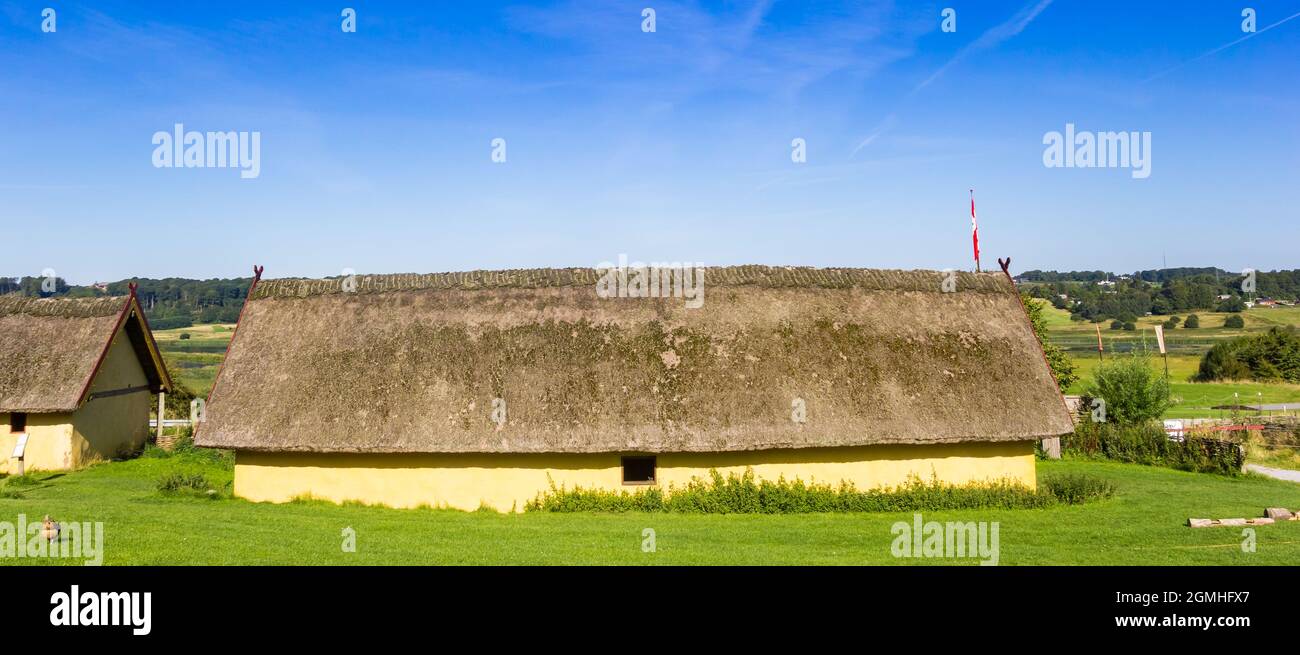 Panorama of a historic recontruction of the Viking village Fyrkat in Hobro, Denmark Stock Photo