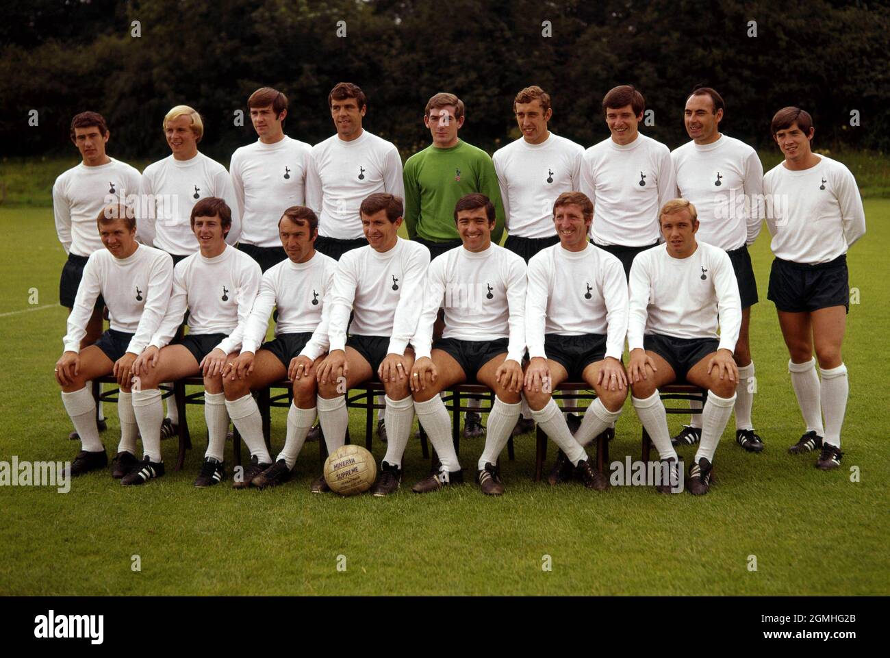 File photo dated 29-07-1968 of Tottenham Hotspur F.C. Back Row: James Pearce, Philip Beal, John Collins, Mike England, Patrick Jennings, Martin Chivers, Cyril Knowles, Alan Gilzean and Joesph Kinnear. Front Row: Dennis Bond, James Roberston, Jimmy Greaves, Alan Mullery (Capt); Terence Venables, Clifford Jones and Anthony Want. Issue date: Sunday September 19, 2021. Stock Photo