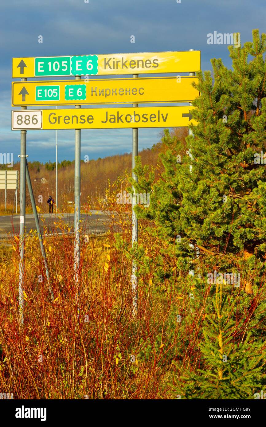 Roadsign close to the Norweigan and Russian border Stock Photo