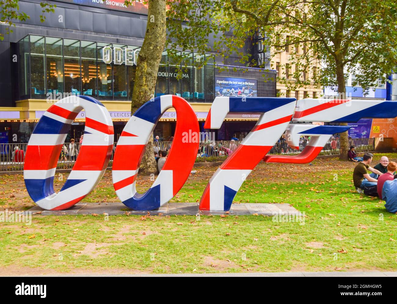 London, United Kingdom. 18th September 2021. The famous 007 logo was unveiled in Leicester Square ahead of the release of the latest James Bond movie, No Time To Die, which opens in the UK on 30 September 2021. Stock Photo