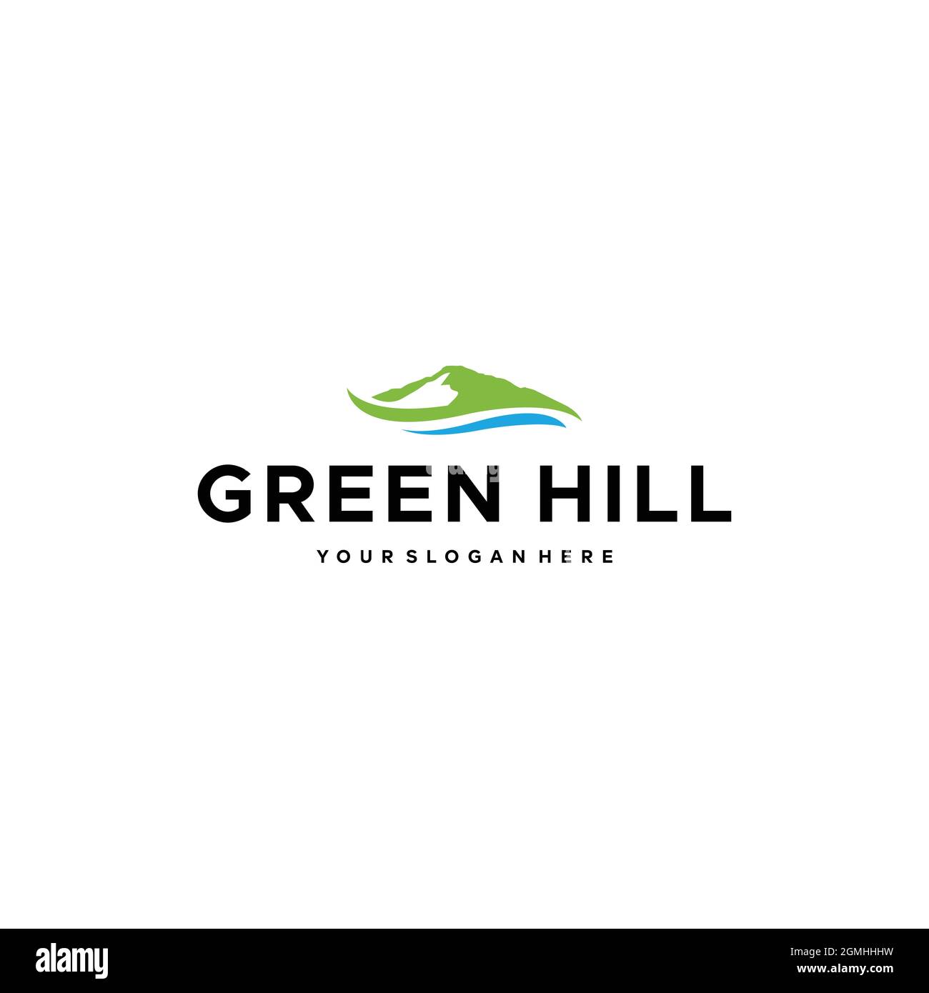 minimalist GREEN HILL mountains lake Logo design Stock Vector