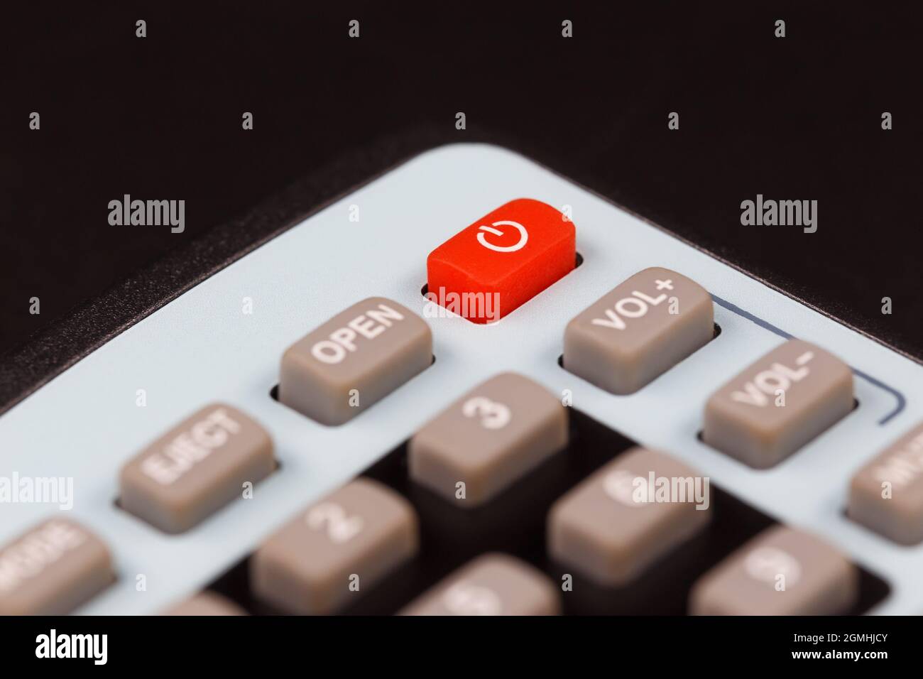 Red on / off button on the remote control close-up Stock Photo