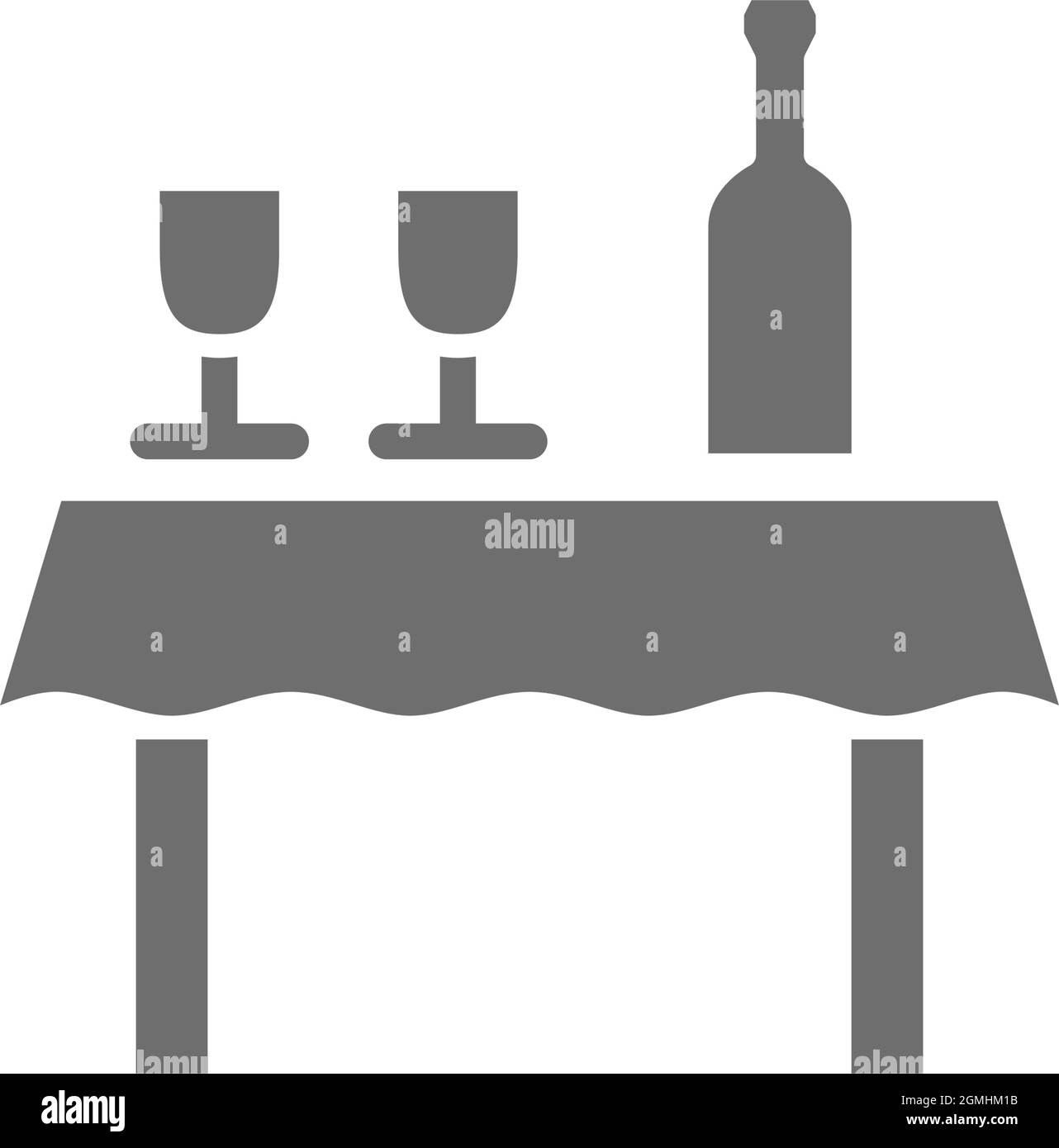 Table with bottle of wine and glasses grey icon. Stock Vector