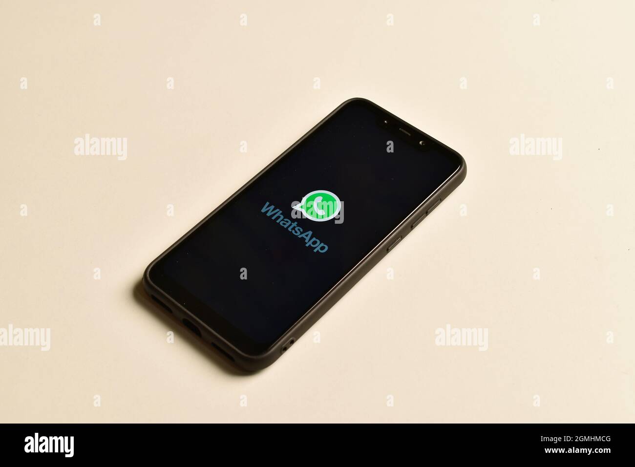 New Delhi, India, 8 January 2020:- WhatsApp Logo on Smartphone, Online Messaging Application Stock Photo