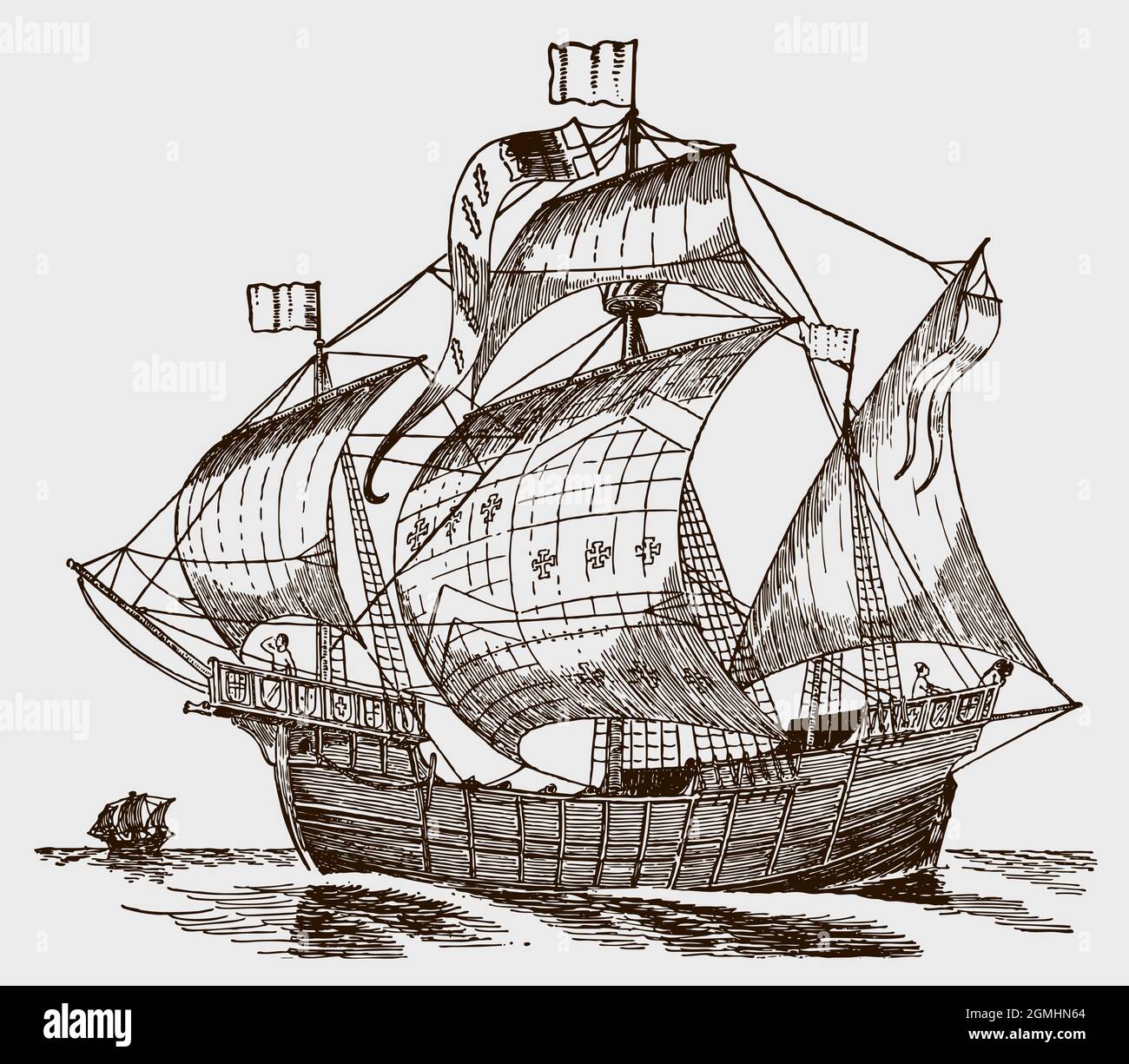 15th-century merchant trading ship at sea Stock Vector