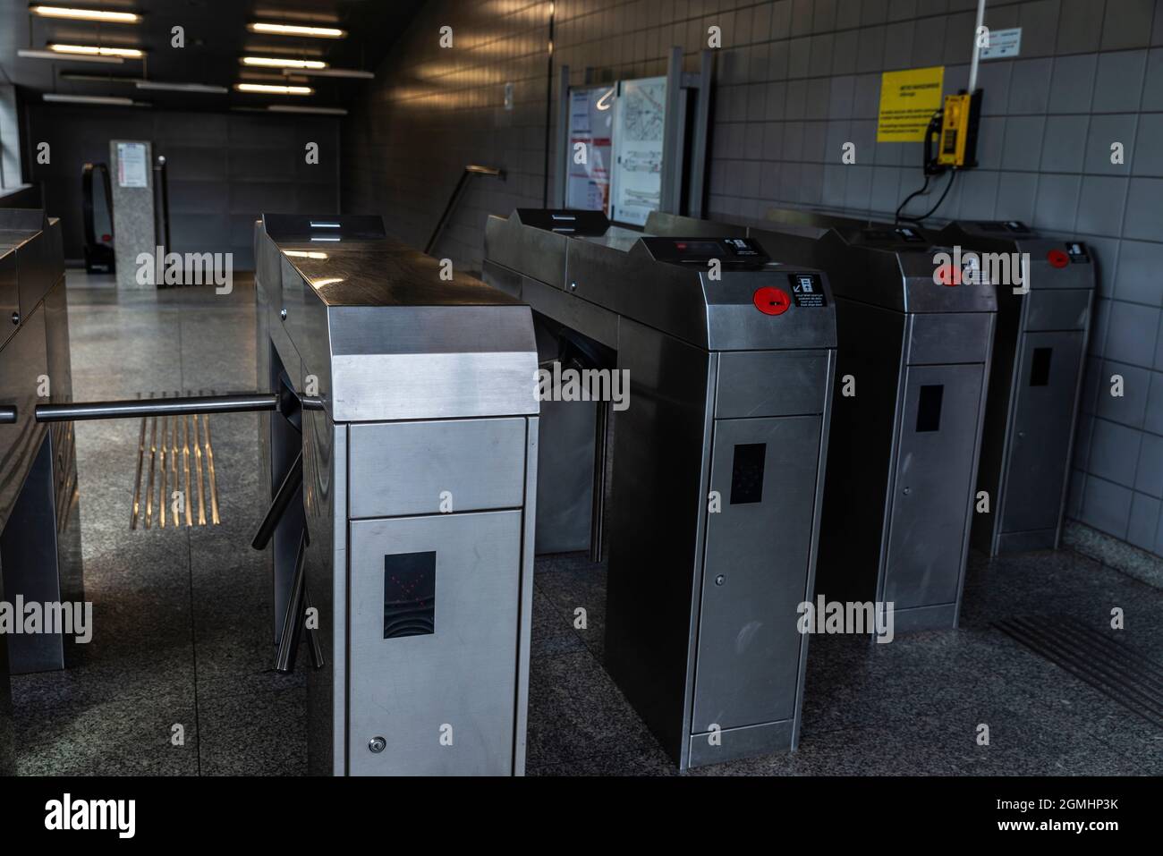 Automatic access control ticket barriers or turnstile in subway station ...