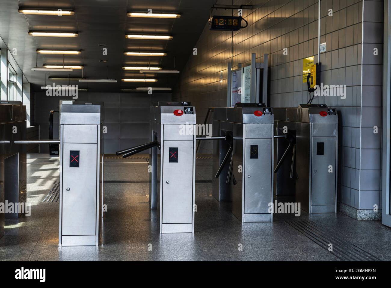 Automatic access control ticket barriers or turnstile in subway station ...