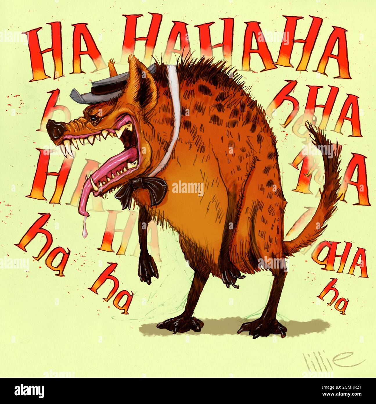 Cartoon, funny humorous art work of an anthropomorphized, laughing hyena wearing a Homberg hat and bow-tie. Would suit greetings cards, posters, books Stock Photo