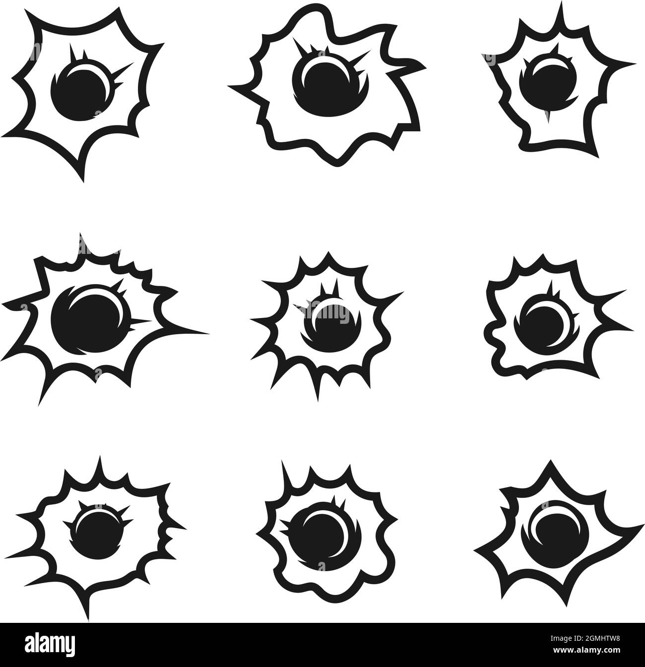 Set of illustrations of bullet holes. Design element for logo, label, sign, emblem, poster