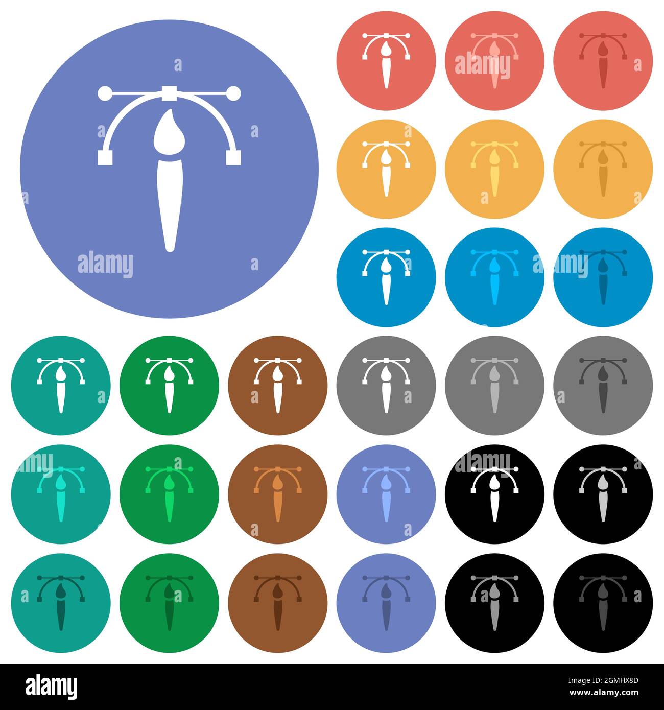 Drawing vector curve with brush tool multi colored flat icons on round ...