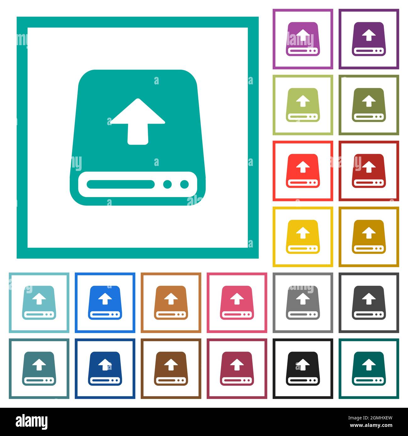 Upload from hard disk flat color icons with quadrant frames on white background Stock Vector