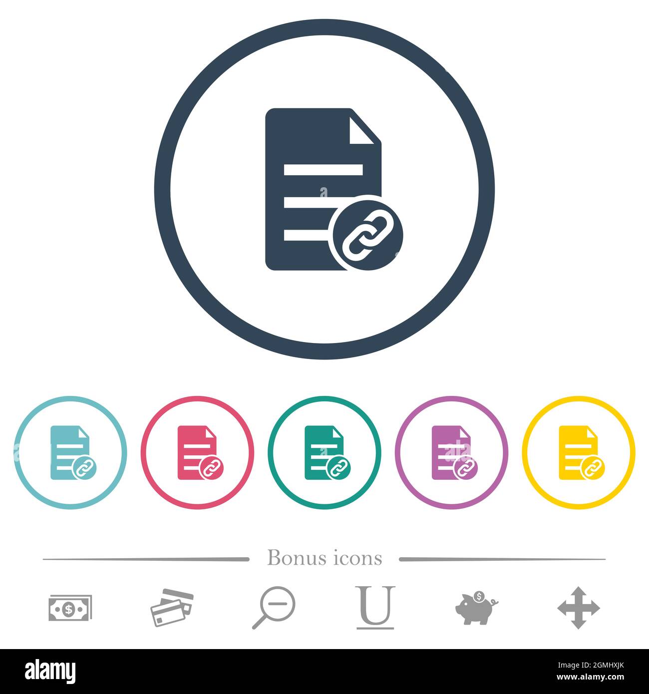 Attach document solid flat color icons in round outlines. 6 bonus icons included. Stock Vector