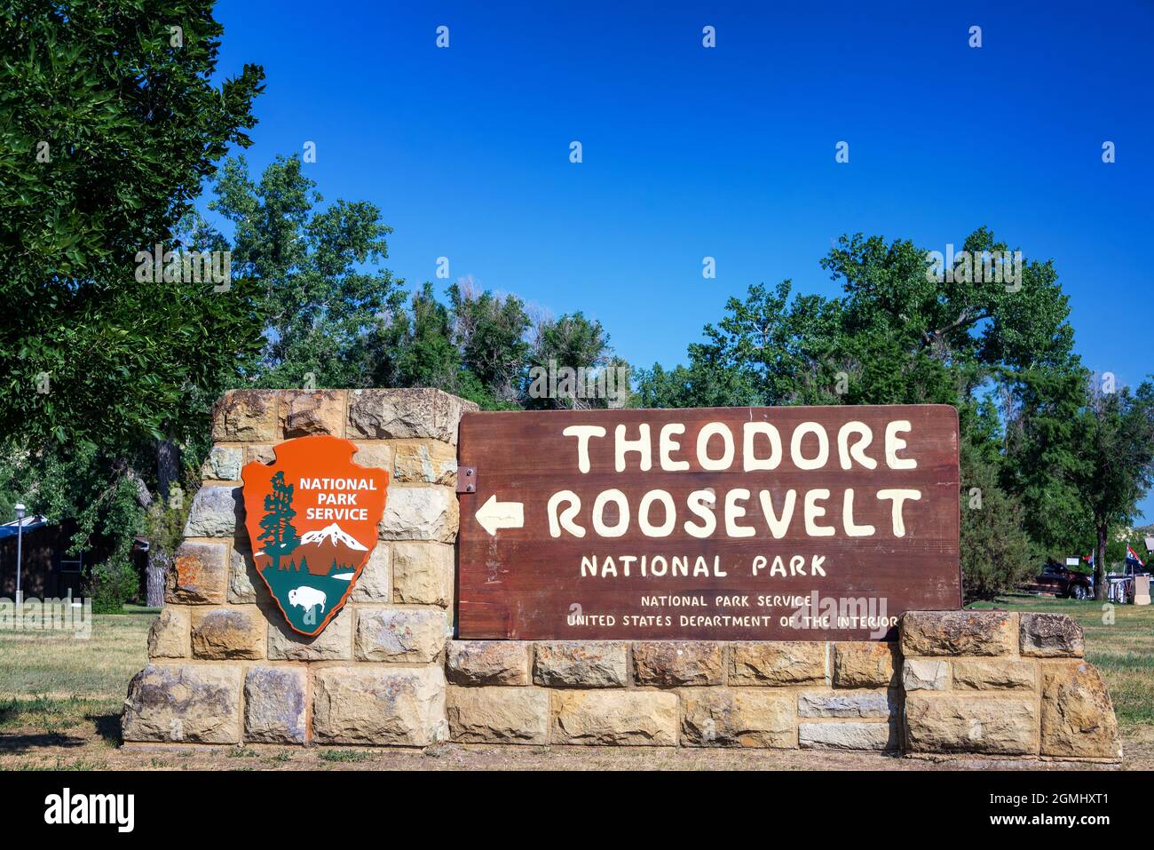 Entrance sign for Theodore Roosevelt National Park in Medora, North Dakota Stock Photo