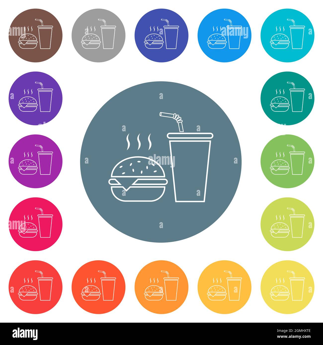 Fast food menu with cheeseburger and drink outline flat white icons on ...