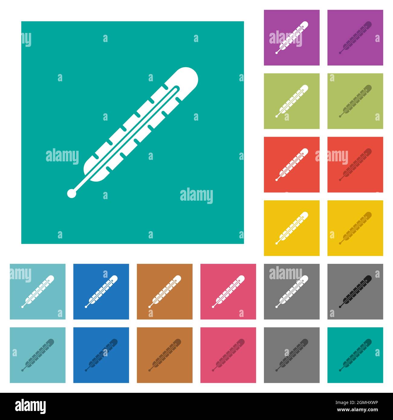 Fever thermometer solid multi colored flat icons on plain square backgrounds. Included white and darker icon variations for hover or active effects. Stock Vector