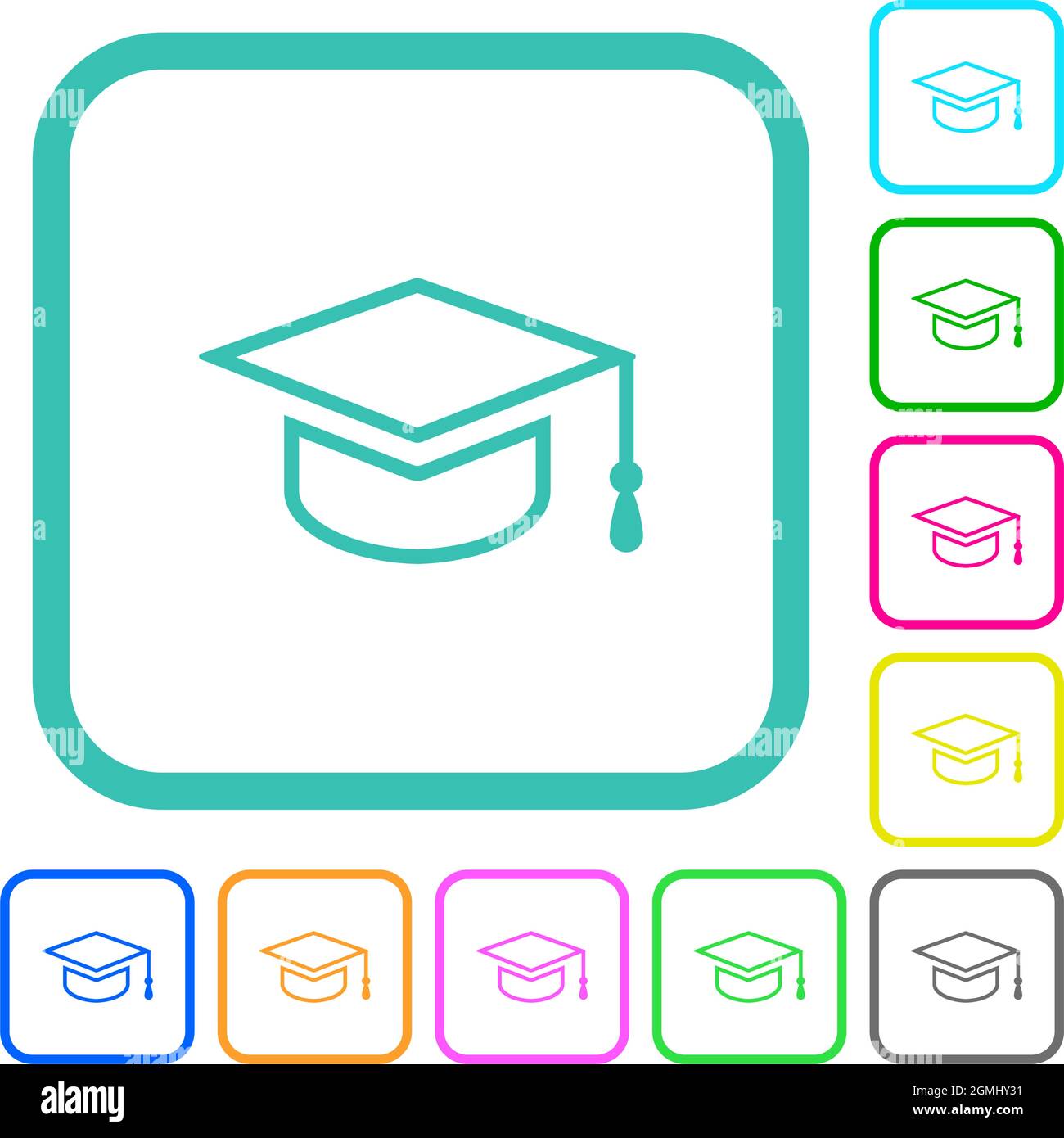 Graduation cap outline vivid colored flat icons in curved borders on ...