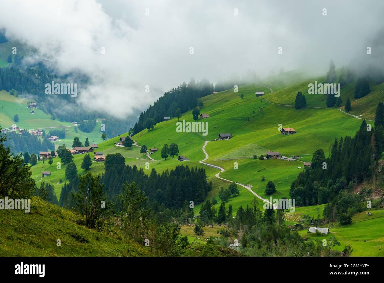 view on a dusty day through the valley of Adelboden, Switzerland