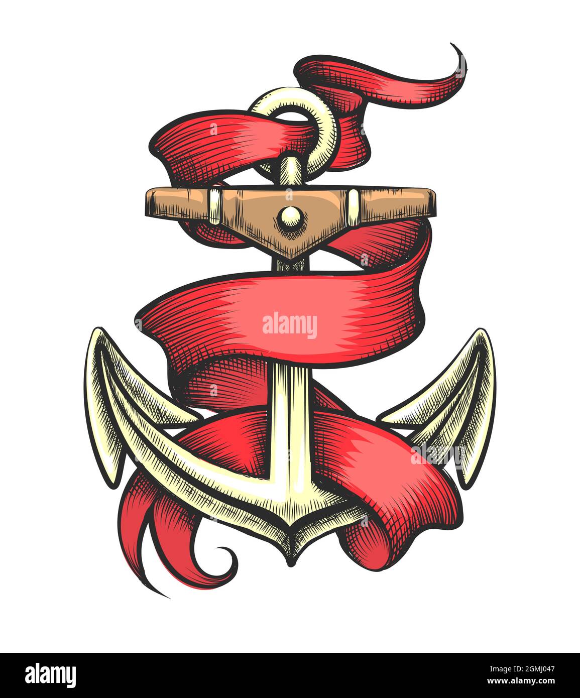 Colorful Tattoo of Golden Anchor with Red Ribbon. Vector illustration. Stock Vector