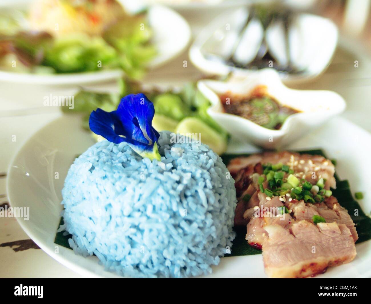 close up blue Rice Made From Butterfly Pea Flower. traditional Thai ...