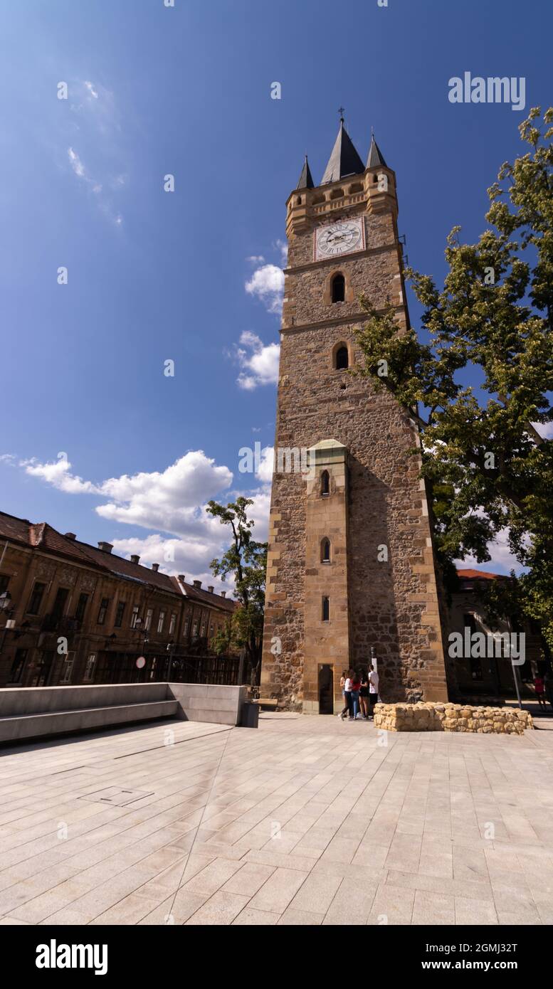 Baia Mare, Romania-August 20, 2021: Photograph of Stefan's Tower located in the Citadel Square, which is over 40 meters high a St. Stephen's Church Stock Photo