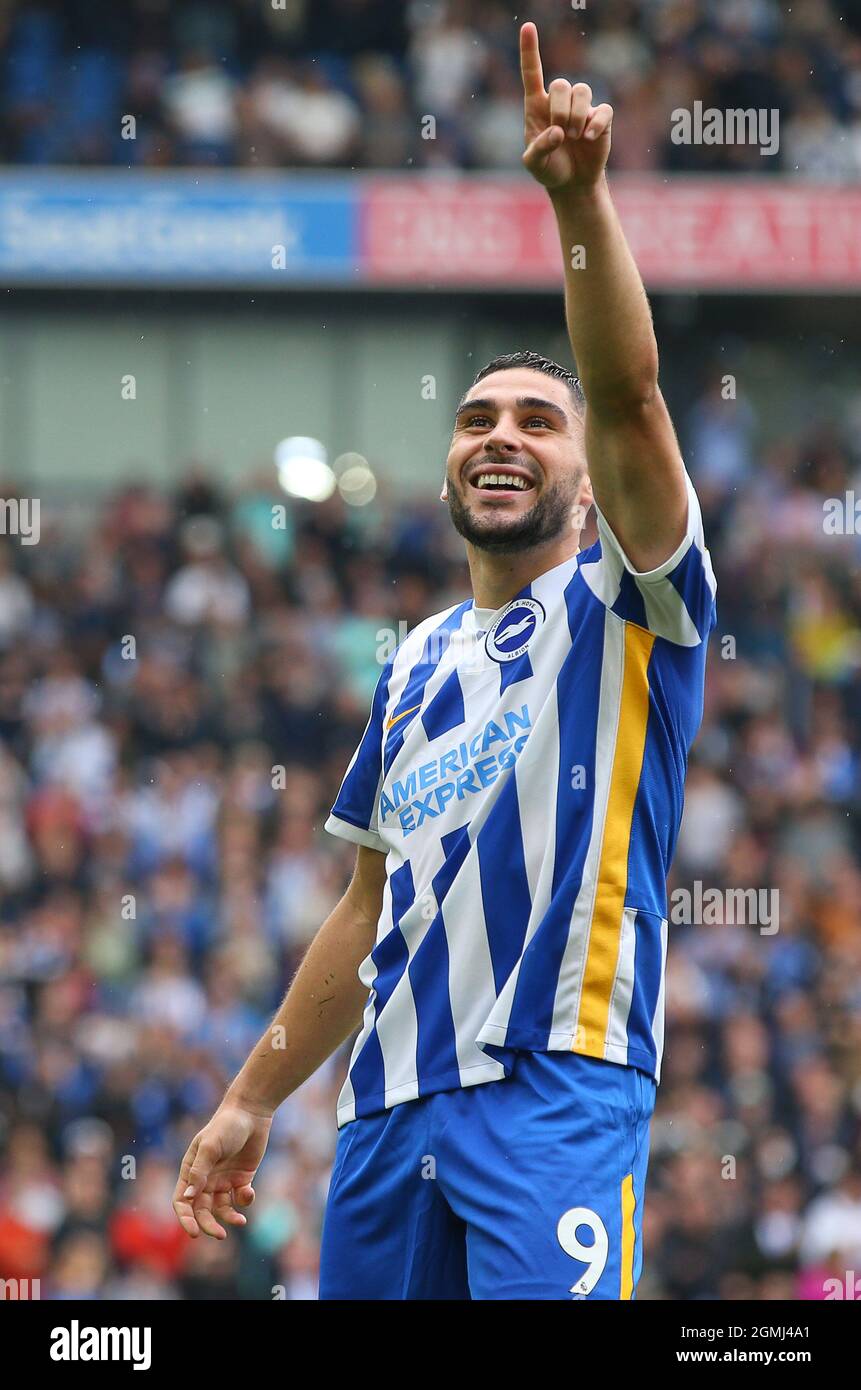 Brighton and Hove, UK. 19th Sep, 2021. Neal Maupay of Brighton and Hove Albion celebrates after scoring the first goal during the Premier League match at the AMEX Stadium, Brighton and Hove. Picture credit should read: Paul Terry/Sportimage Editorial use only, licence required for commercial use. No use in Betting, games or a single club/league/player publication. Credit:Sportimage/Alamy Live News Stock Photo