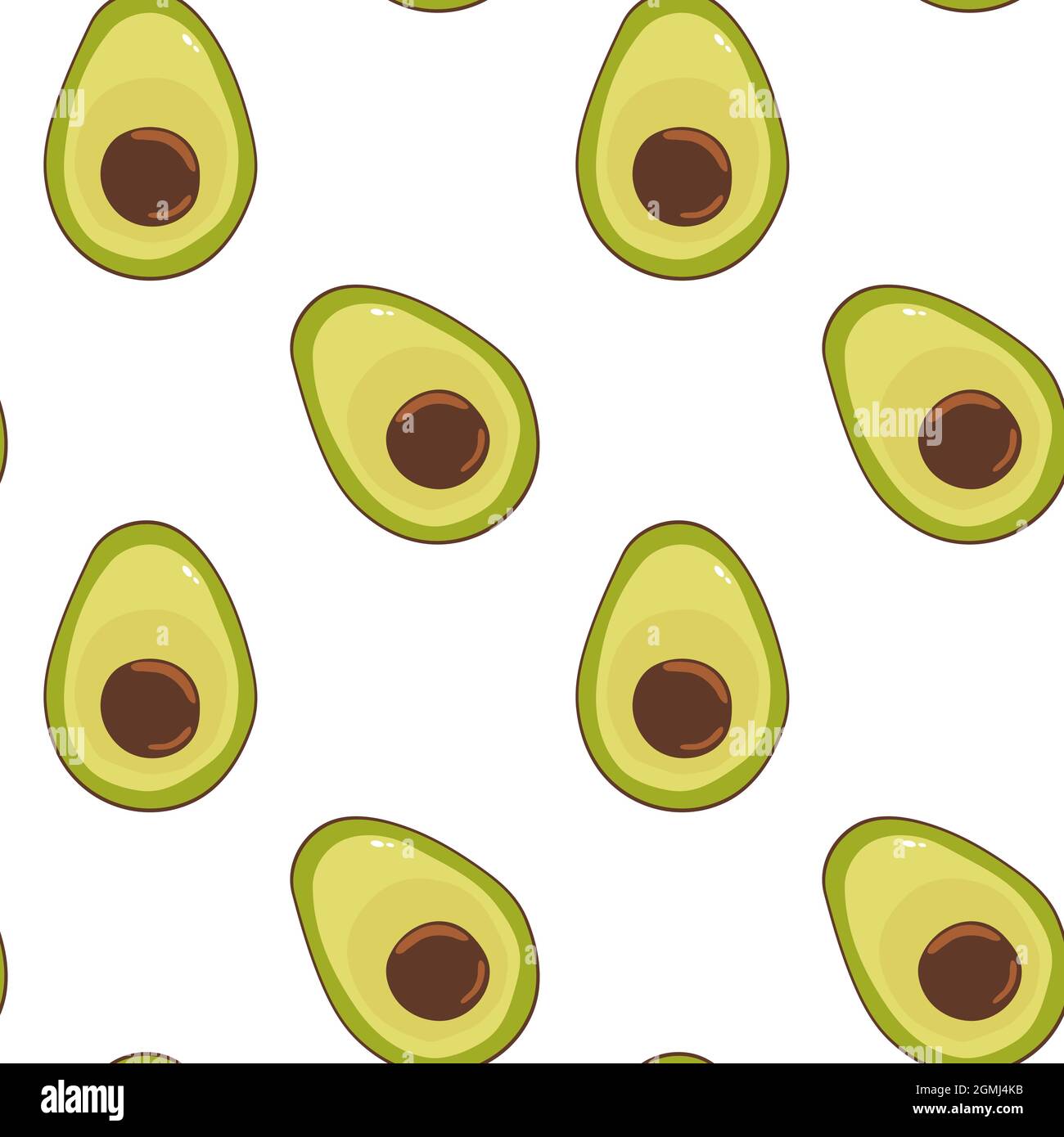 Juicy ripe avocado halves on a white background seamless pattern. Vector pattern with green avocado. For fabric, wallpaper or wrapping. Cartoon vector Stock Vector