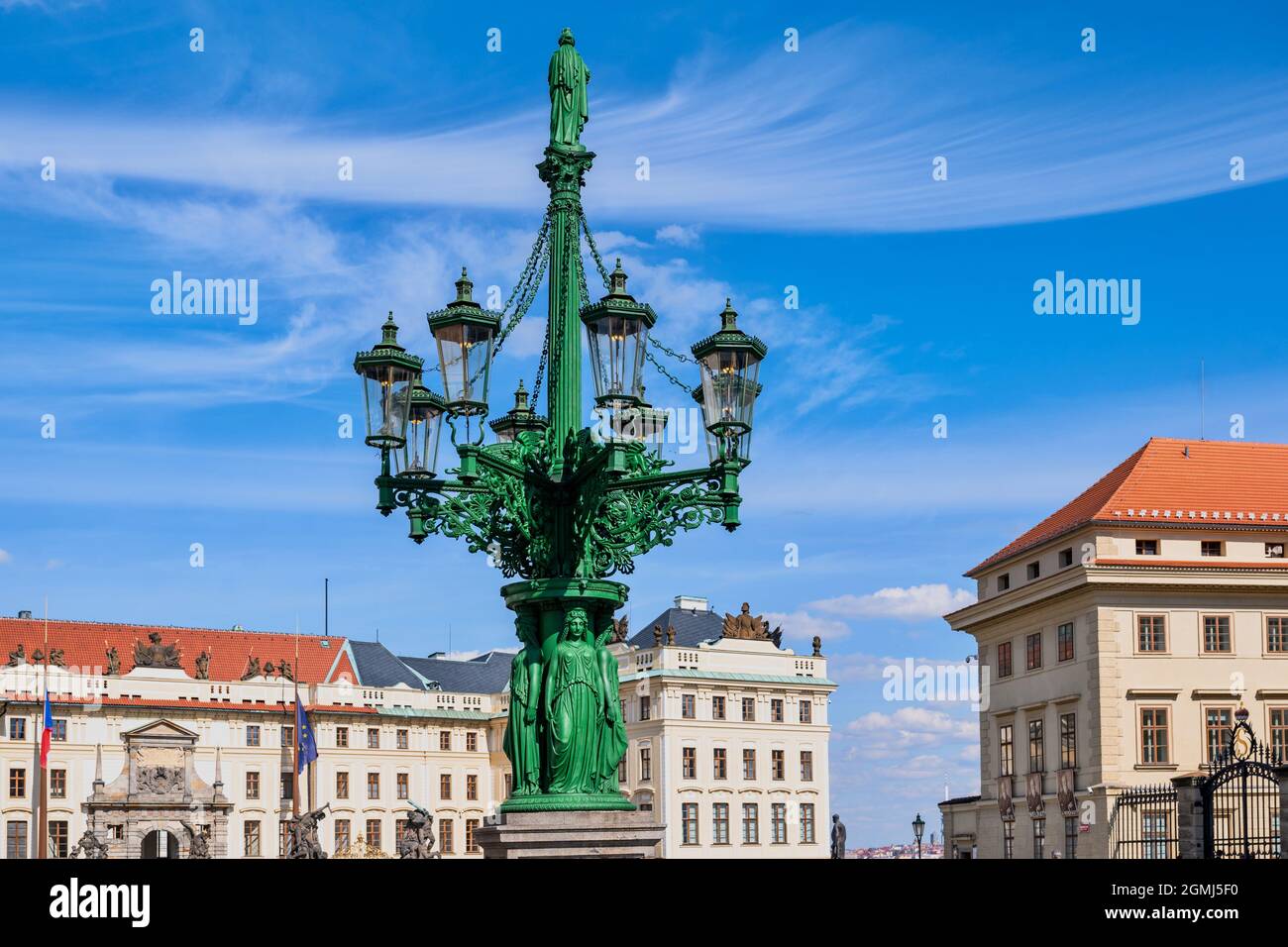 Cast -iron lamppost, gas street lighting, technical memory from 1867 year, ornamental column with female figurine and lantern, Prague castle complex, Stock Photo