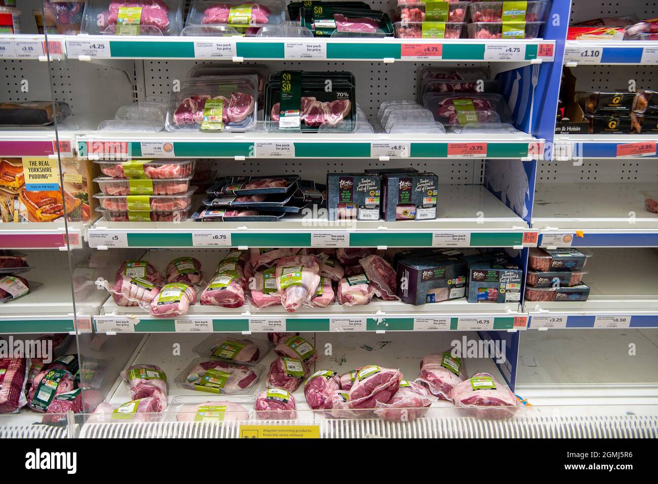Taplow, UK. 19th September, 2021. The meat isle including lamb. Sainsbury's Supermarket had a good supply of food in their store today. Some lines are still being impacted upon by supply chain issues including bottled water and carbonated drinks such as cola due a shortage of carbon dioxide. This may lead to meat running short in supermarkets as animals are stunned before being slaughtered using carbon dioxide. Credit: Maureen McLean/Alamy Live News Stock Photo