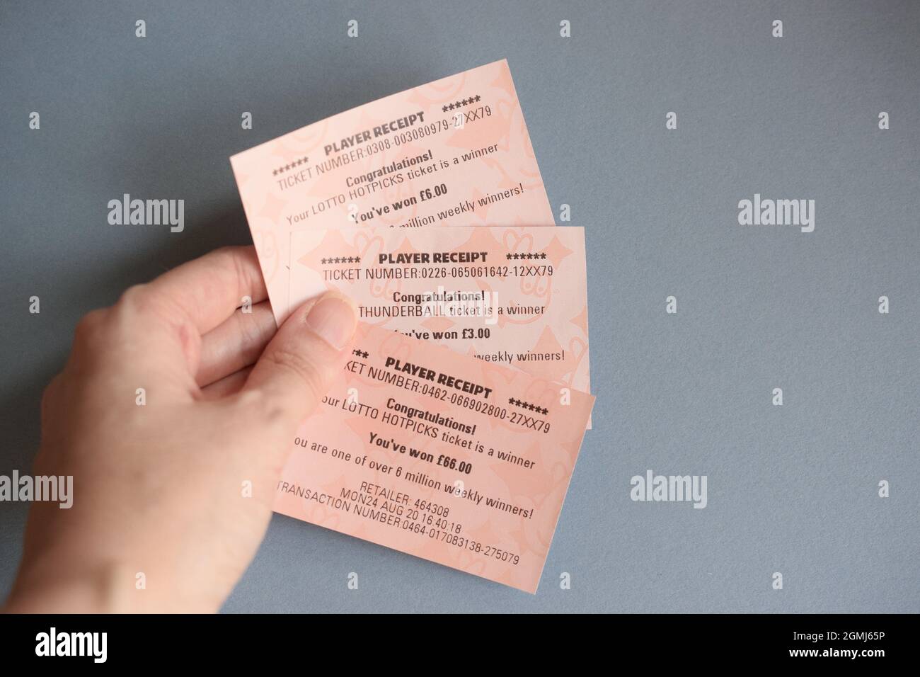 Winning lottery slips in a female hand Stock Photo Alamy